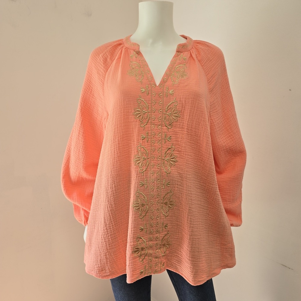 Belle Beach Kim Gravel Boho Coral Crinkle Embroidered Tunic Blouse Top Size L